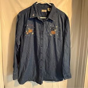 Vintage Blue Denim Shirt Womens Sz 16‎ Halloween Pumpkins Cat Long Sleeve Fall